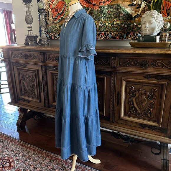 Chico's Chambray Tencel Tiered Maxi Sundress Ruffle Sleeves Sz 6 - Picture 3 of 10